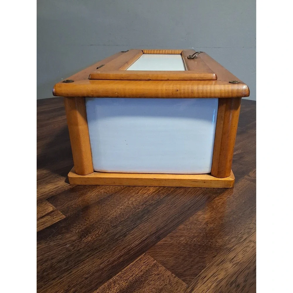 Vintage Germany Tiger Maple Wood and White Ceramic Bread Box Storage Container